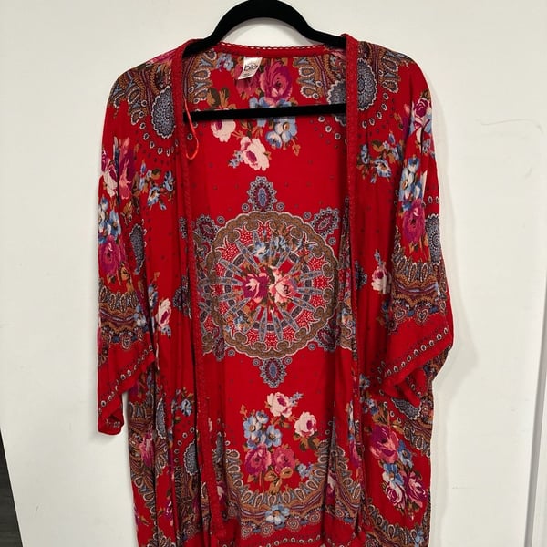 Bila Red Floral Boho Open Front Kimono Cardigan Size M/L