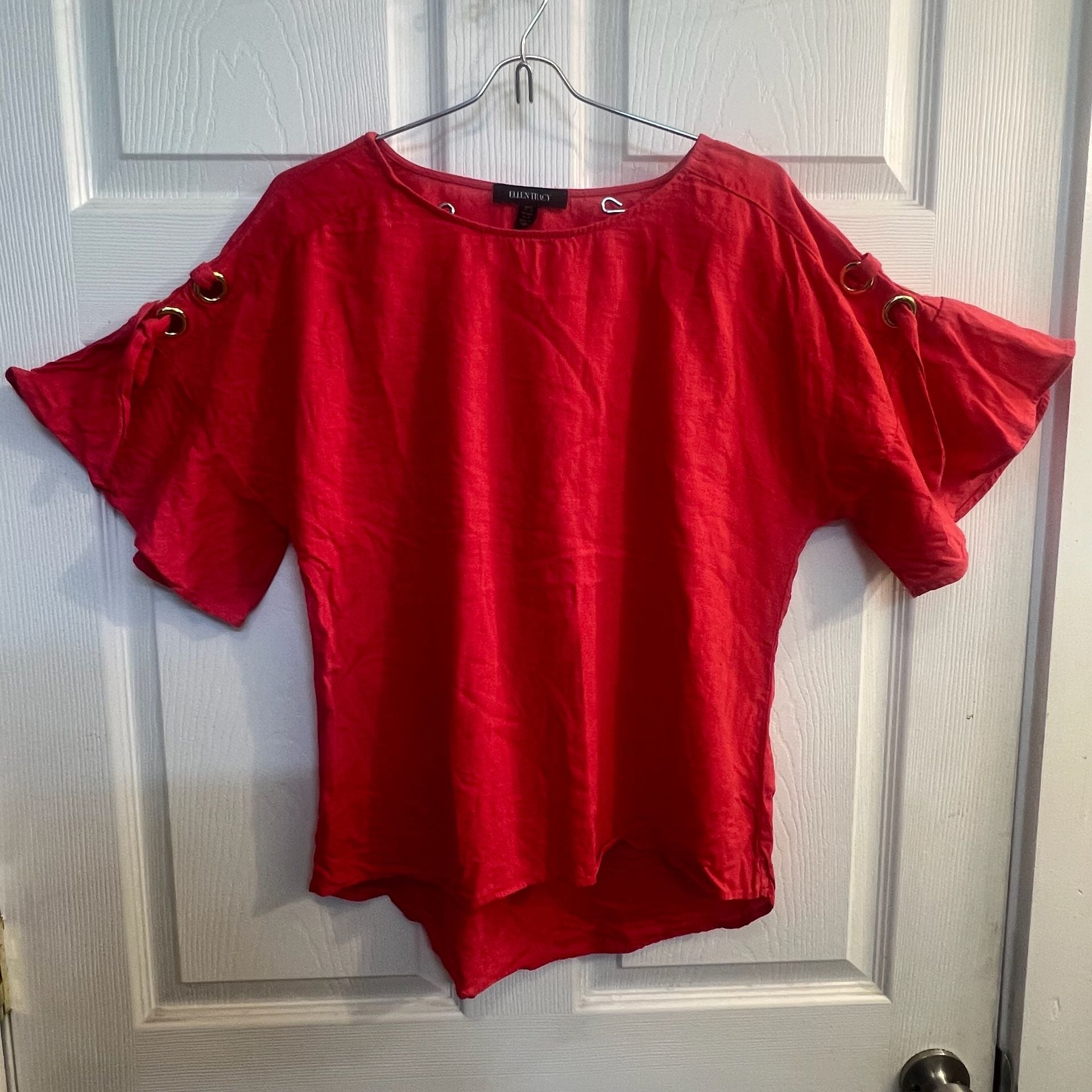 Ellen Tracy Red Linen Blend Dolman Flutter Sleeve Grommet Top Size S Spring 2