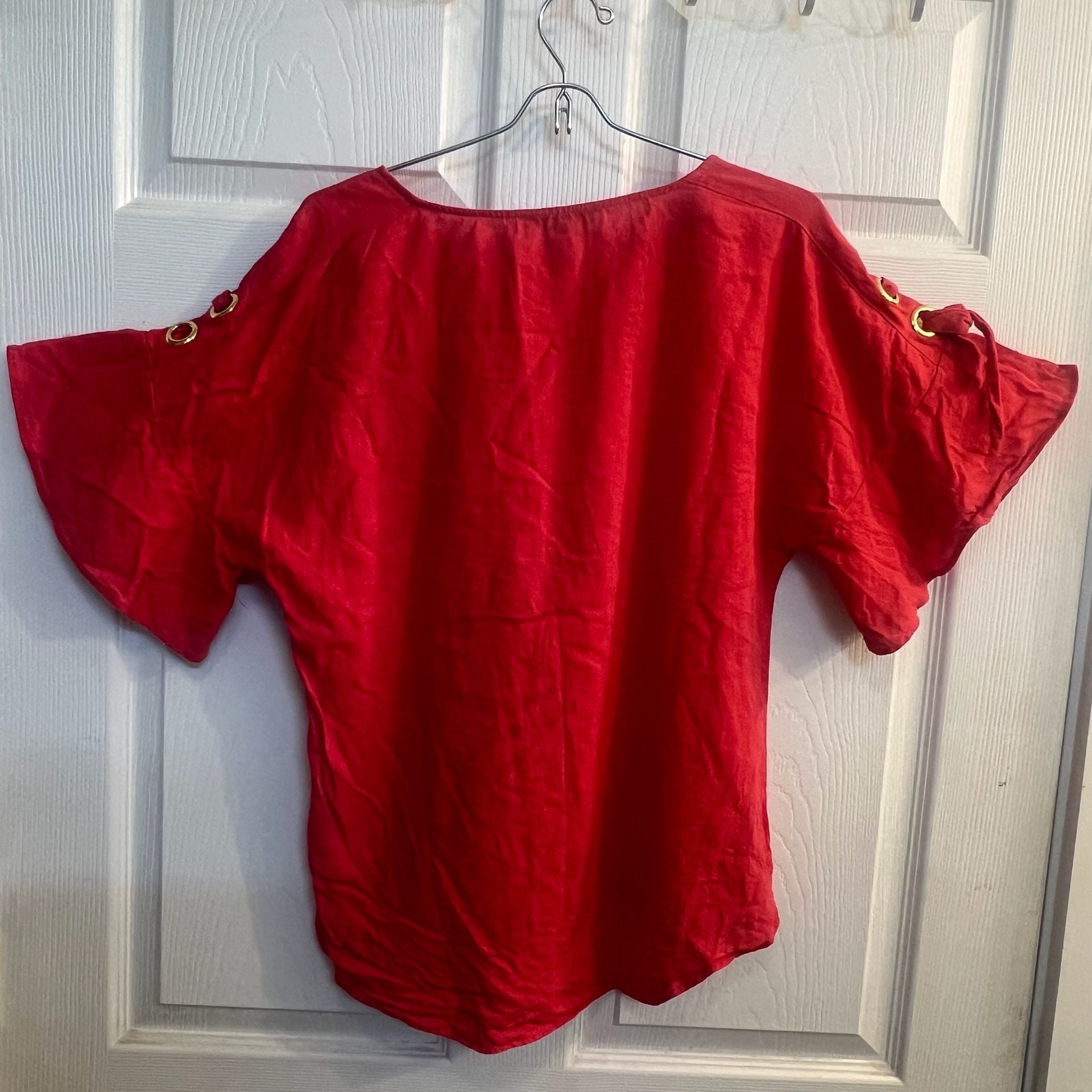 Ellen Tracy Red Linen Blend Dolman Flutter Sleeve Grommet Top Size S Spring 6