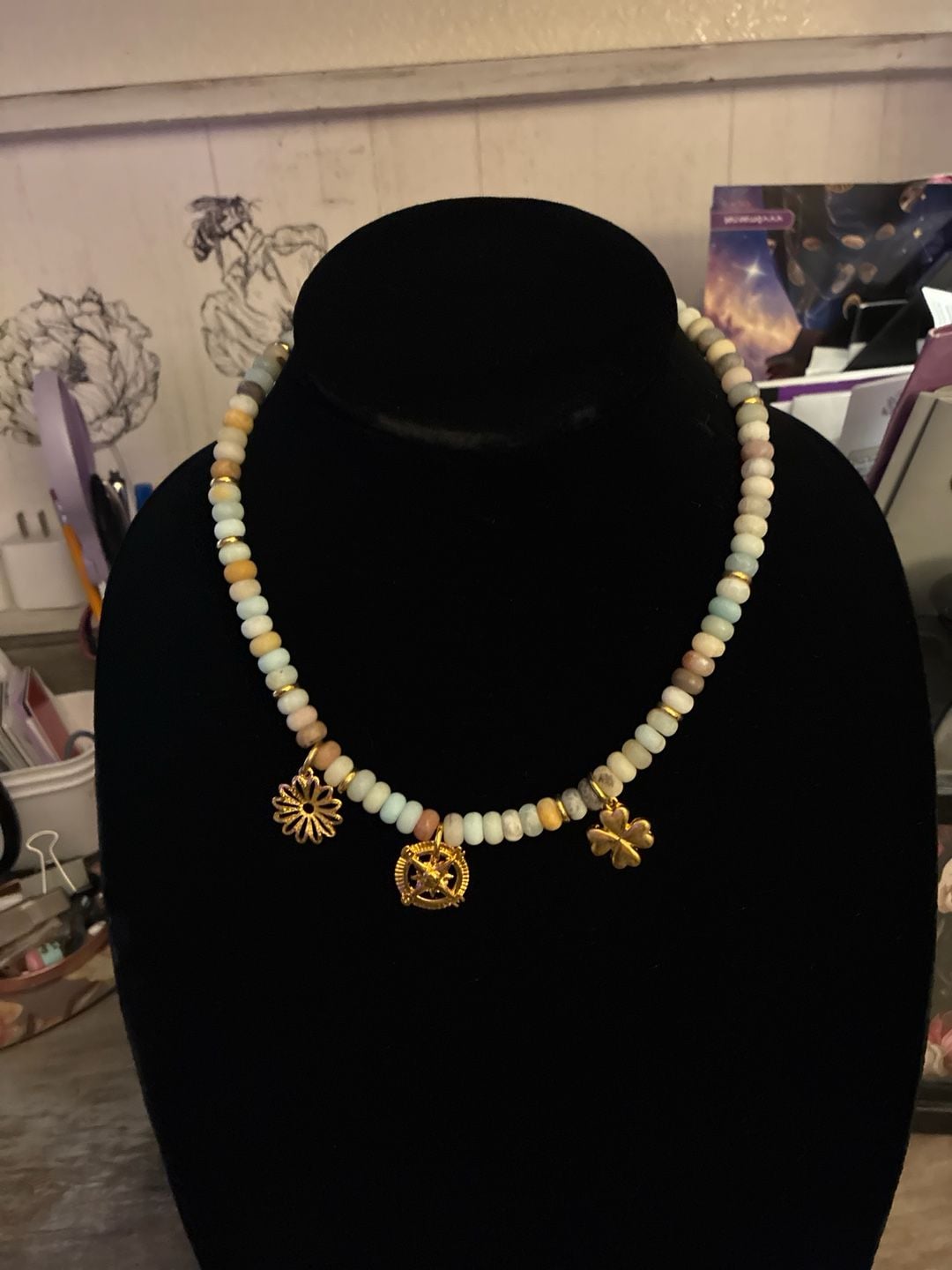 MAYAMAR 24K Gold Plated 8.5mm Amazonite Rondelle Bead Triple Charm Necklace 4