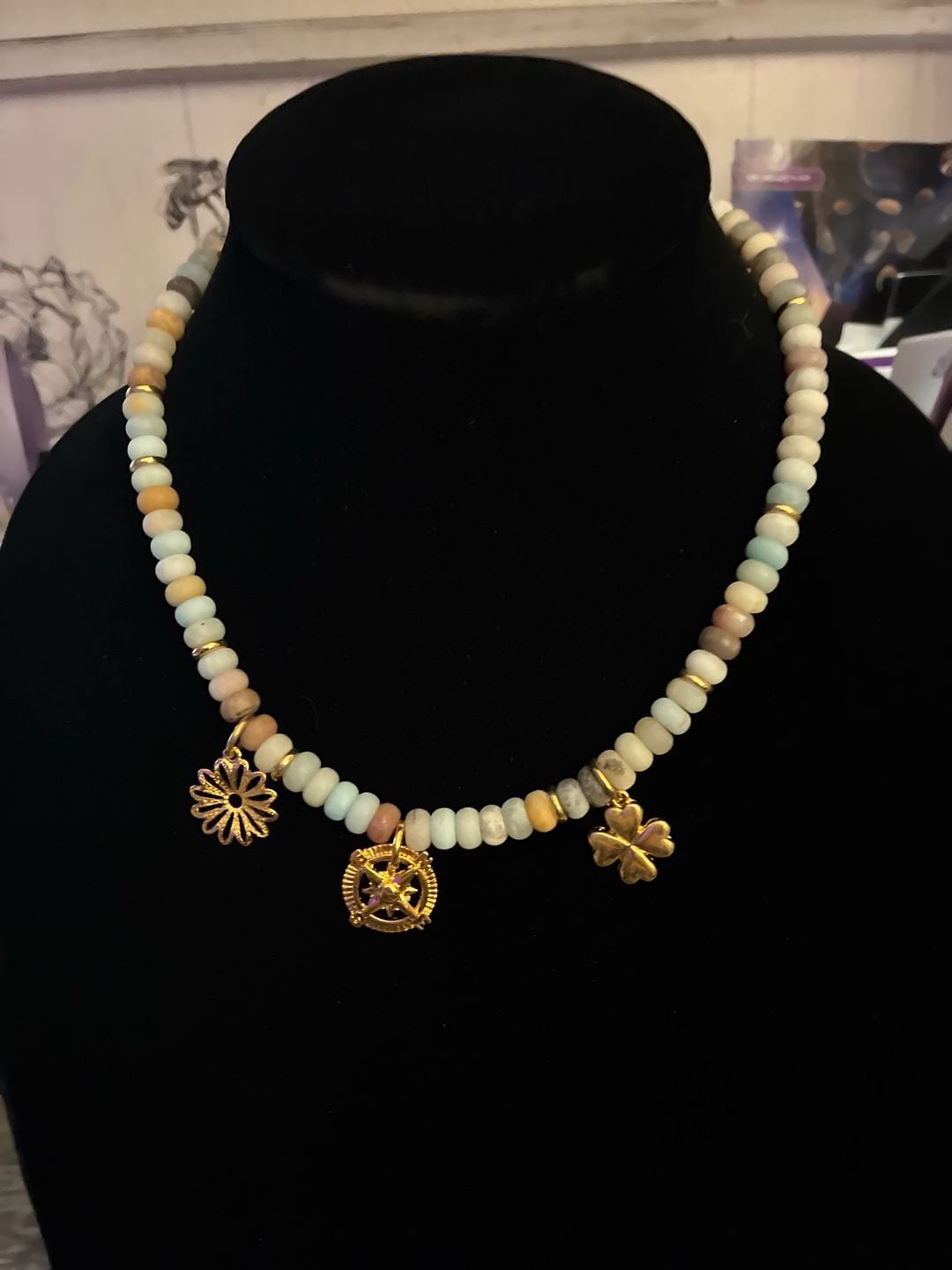 MAYAMAR 24K Gold Plated 8.5mm Amazonite Rondelle Bead Triple Charm Necklace 2