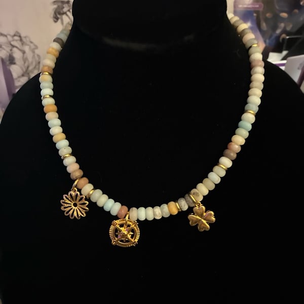 MAYAMAR 24K Gold Plated 8.5mm Amazonite Rondelle Bead Triple Charm Necklace