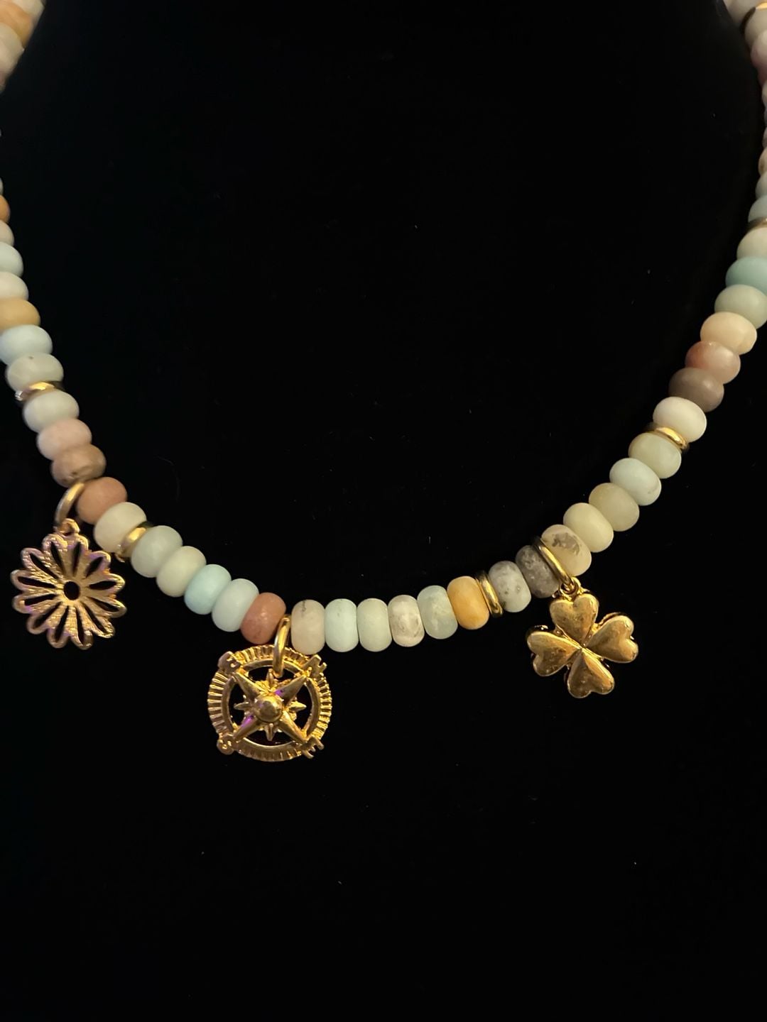 MAYAMAR 24K Gold Plated 8.5mm Amazonite Rondelle Bead Triple Charm Necklace 3