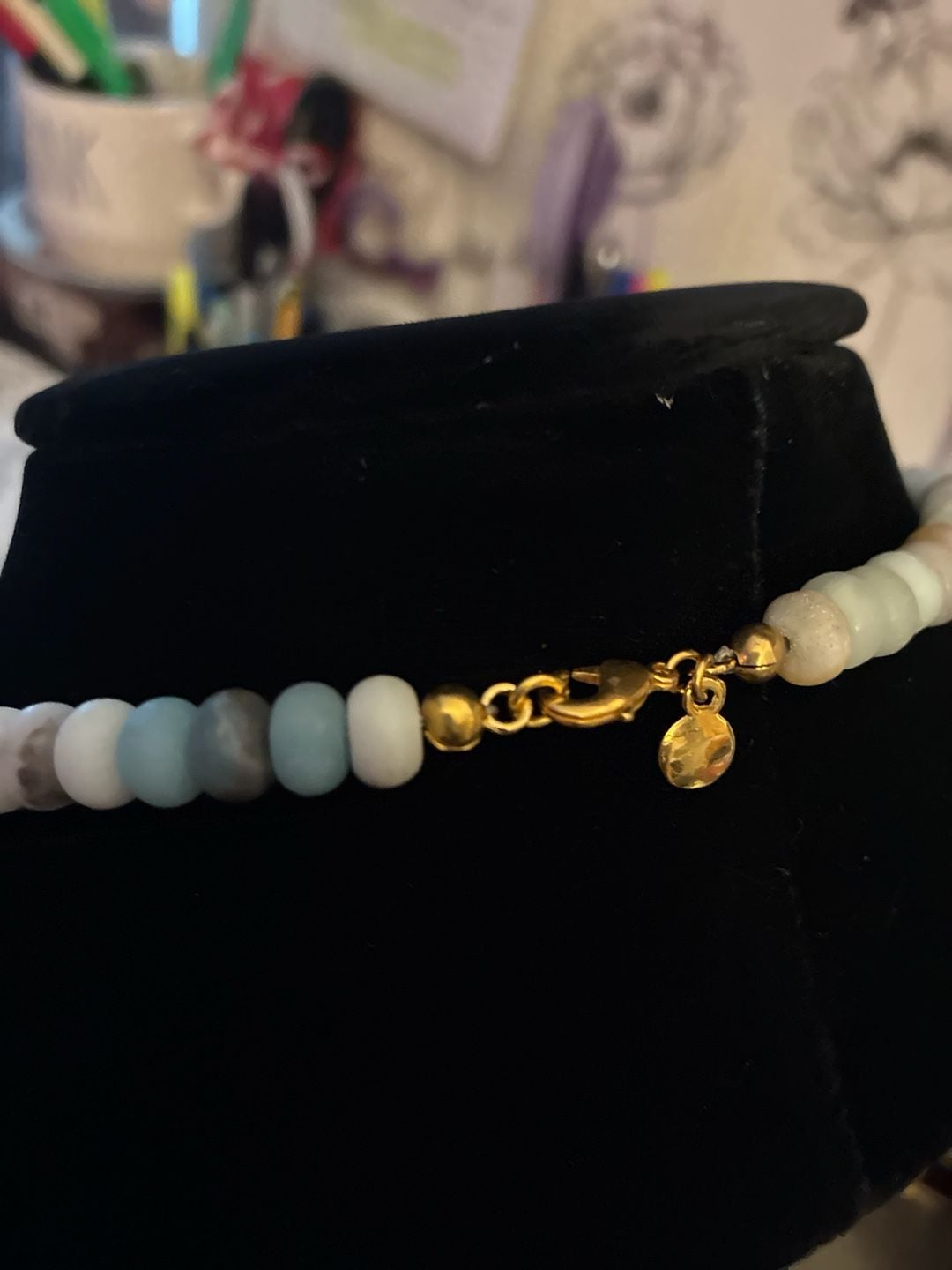 MAYAMAR 24K Gold Plated 8.5mm Amazonite Rondelle Bead Triple Charm Necklace 5