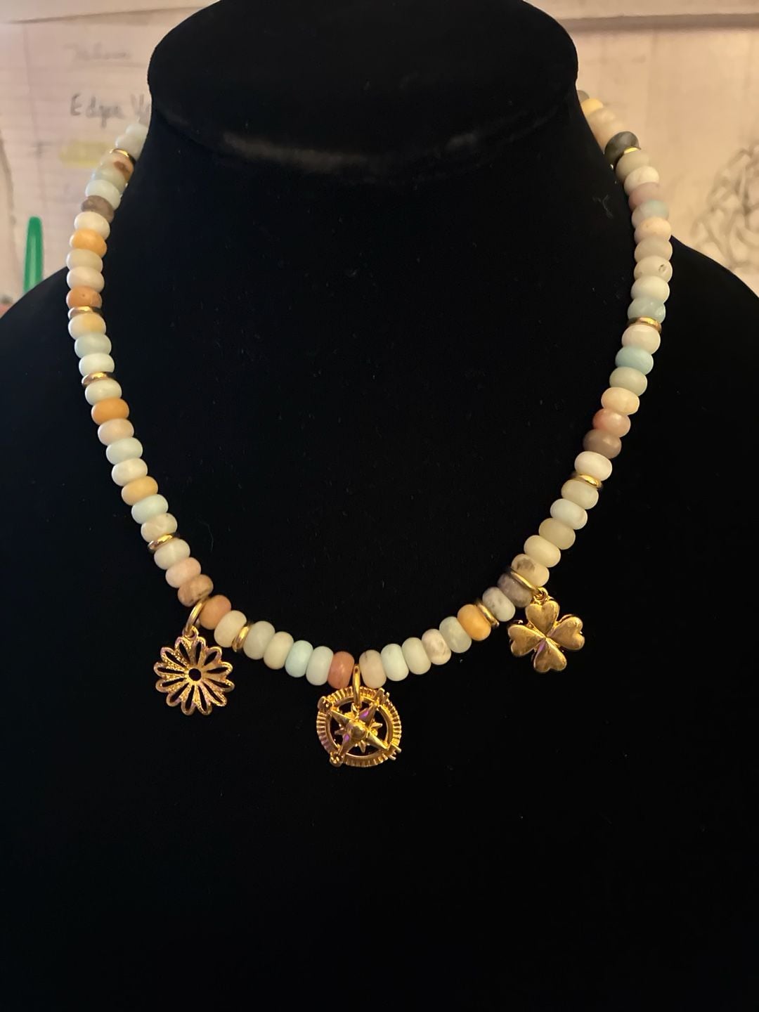 MAYAMAR 24K Gold Plated 8.5mm Amazonite Rondelle Bead Triple Charm Necklace 6