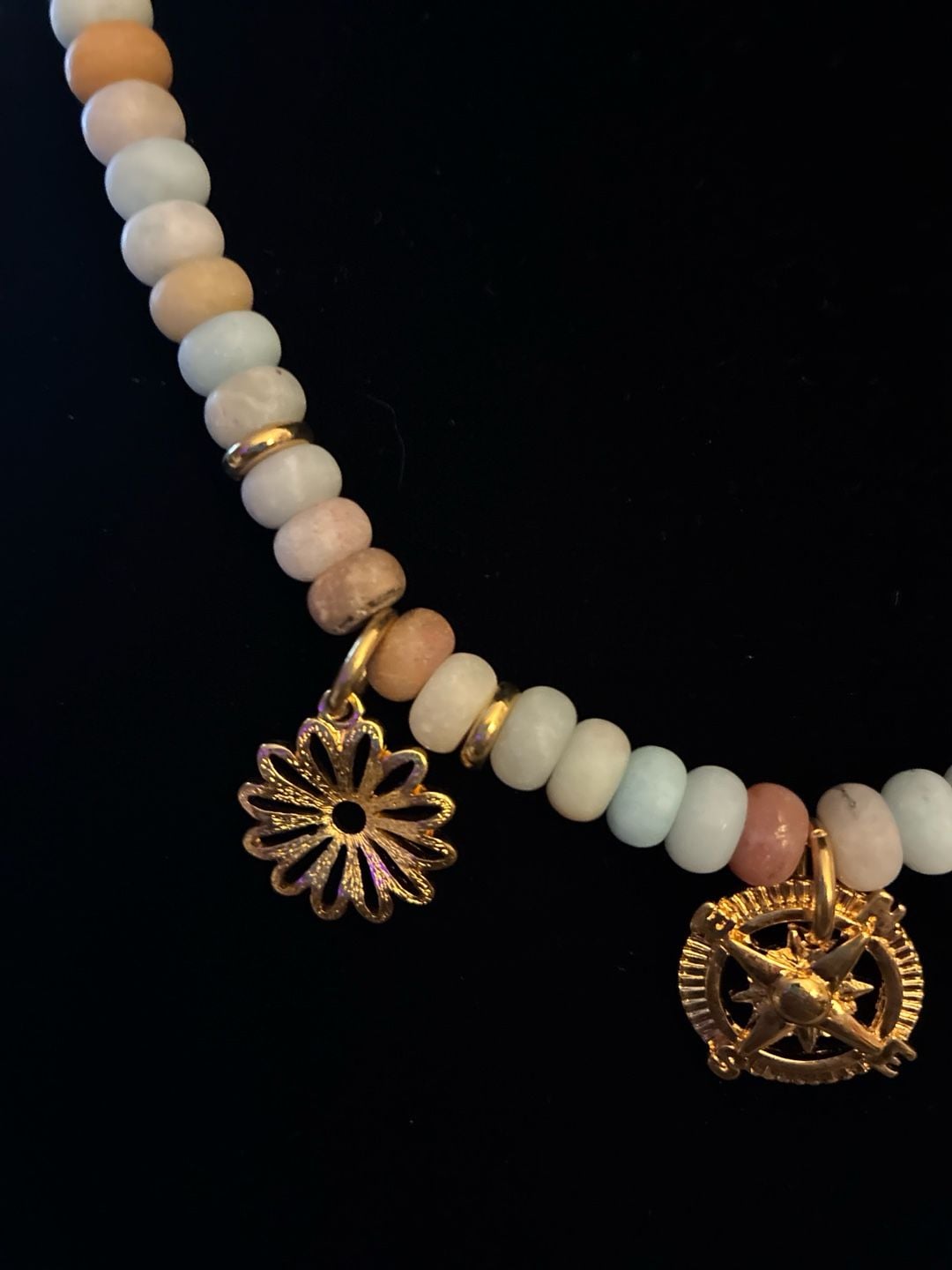 MAYAMAR 24K Gold Plated 8.5mm Amazonite Rondelle Bead Triple Charm Necklace 9