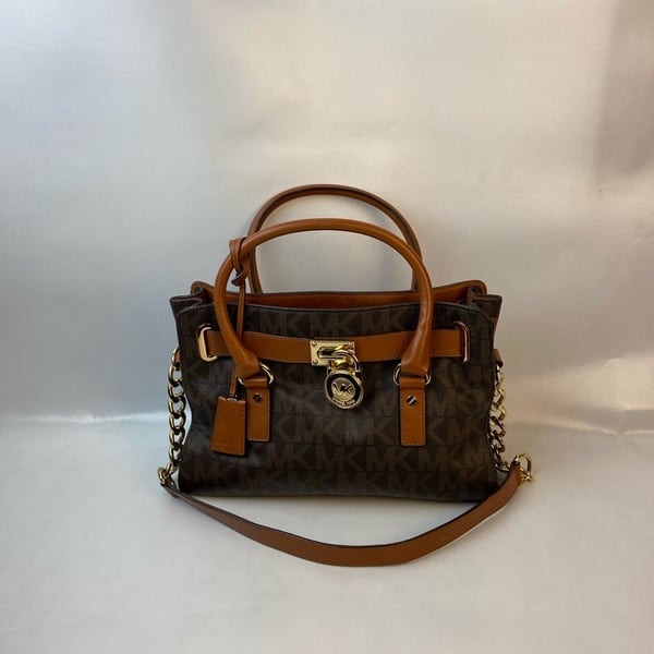 Michael Kors Hamilton East West Satchel in Brown Monogram PVC with Leather Trim