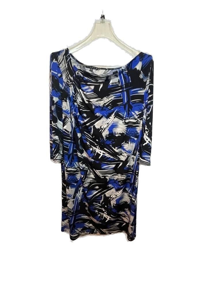 Tiana B. Women's XL Blue Black Abstract asymmetrical Drape Neck Sheath Dress 2