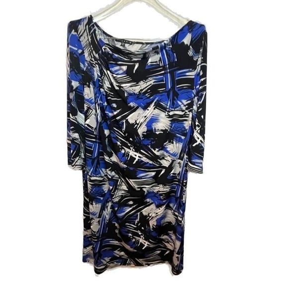 Tiana B. Women's XL Blue Black Abstract asymmetrical Drape Neck Sheath Dress