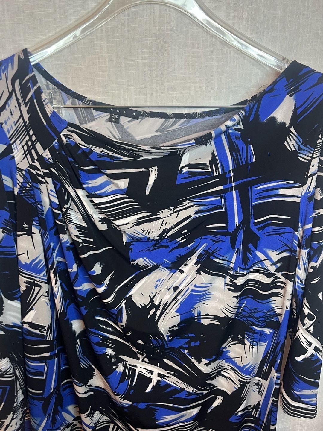 Tiana B. Women's XL Blue Black Abstract asymmetrical Drape Neck Sheath Dress 3
