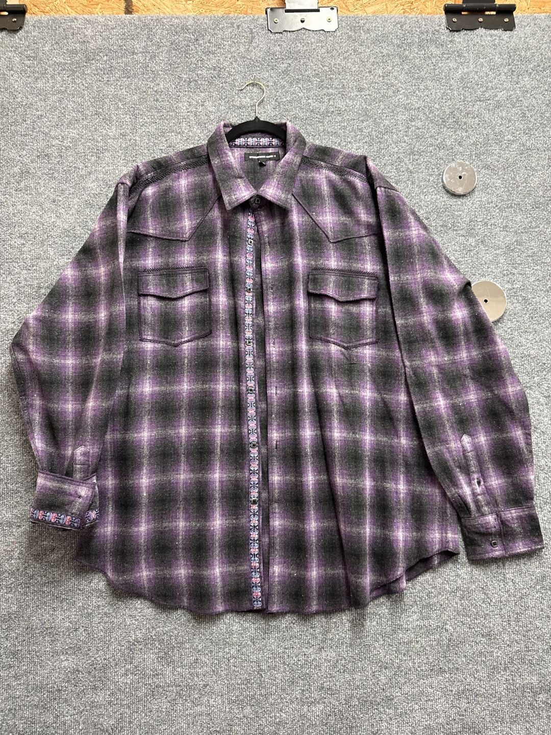 International Laundry Purple and Black Shadow Plaid Western Flannel Shirt 3XL 2