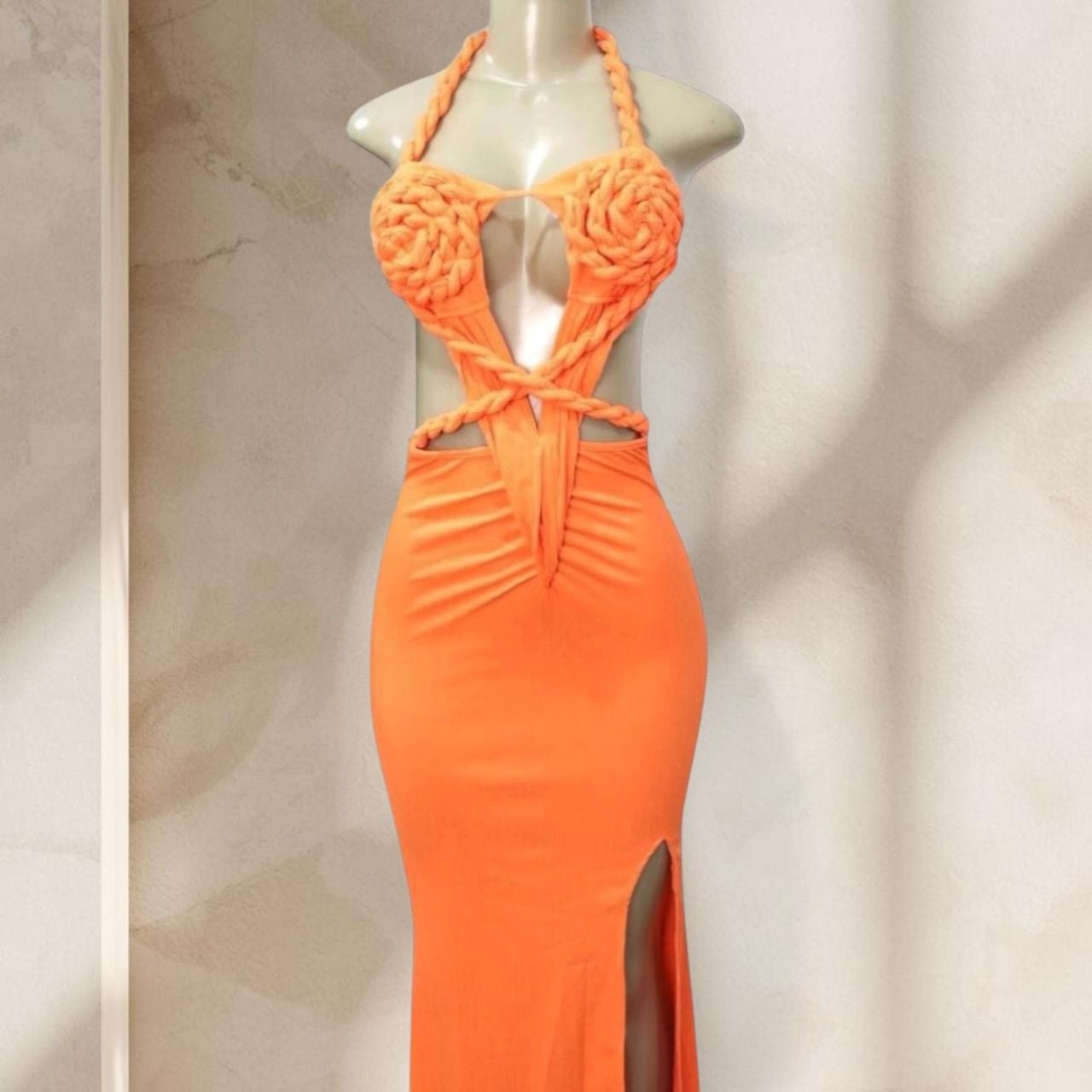 Orange Cutout Maxi Dress – Halter Neck Braided Detail Bodycon w/ High Slit Sexy ✧ S 2