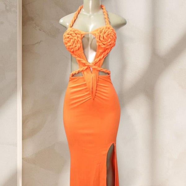 Orange Cutout Maxi Dress – Halter Neck Braided Detail Bodycon w/ High Slit Sexy ✧ S