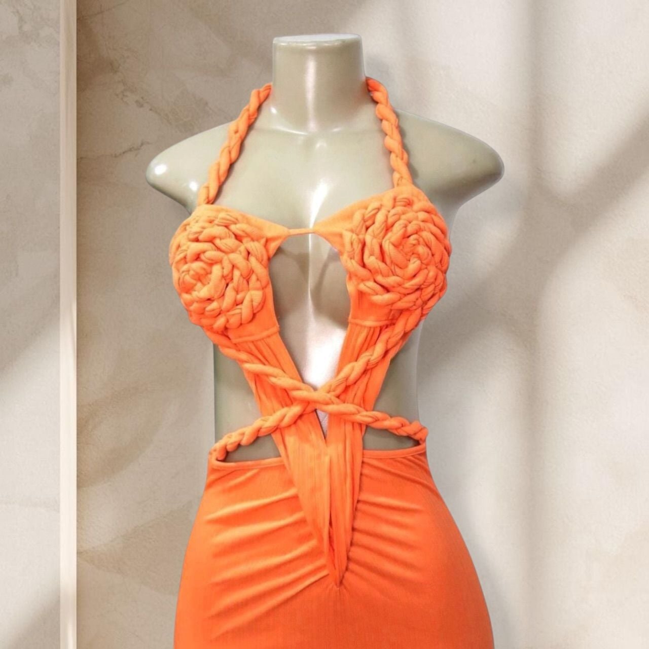 Orange Cutout Maxi Dress – Halter Neck Braided Detail Bodycon w/ High Slit Sexy ✧ S 3