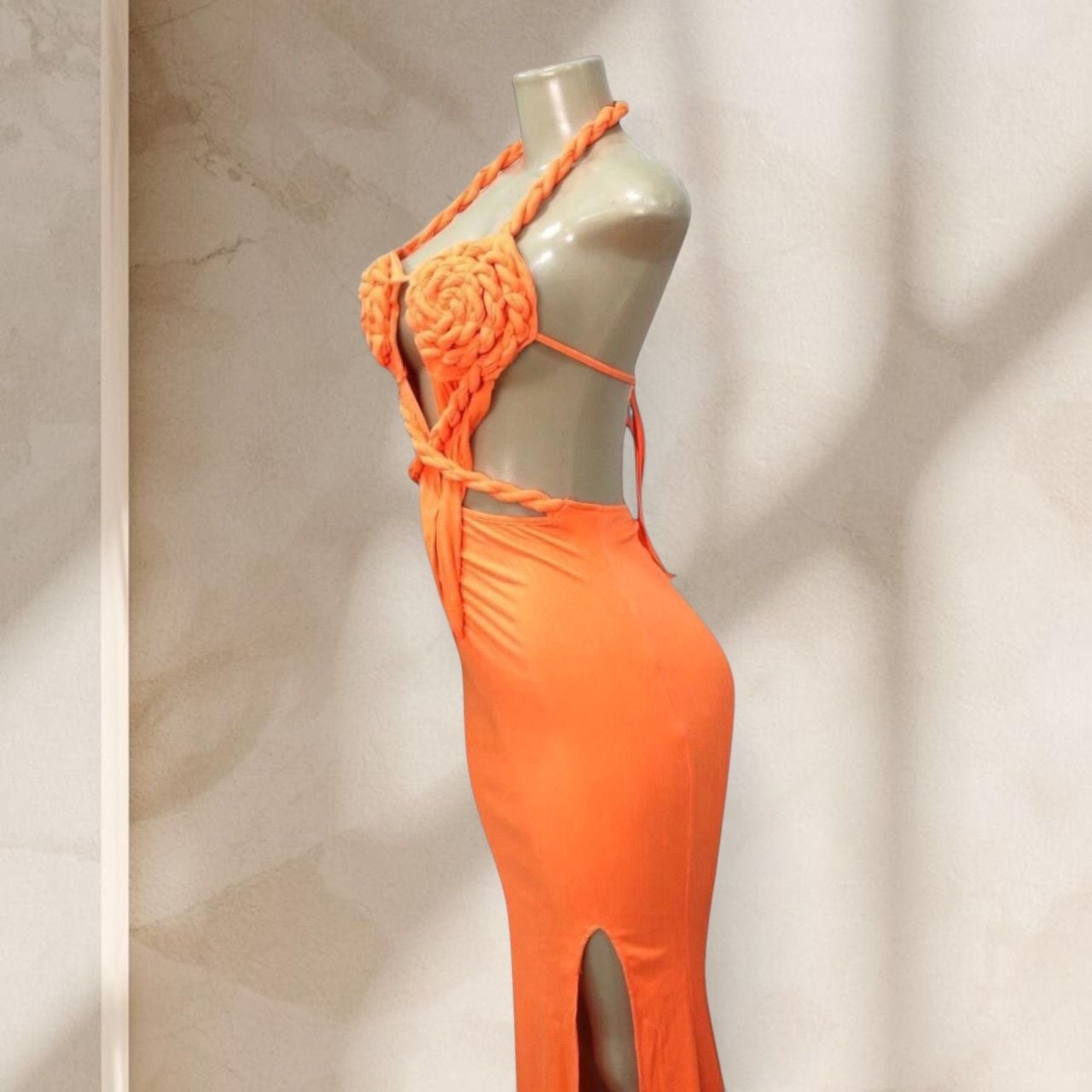 Orange Cutout Maxi Dress – Halter Neck Braided Detail Bodycon w/ High Slit Sexy ✧ S 4