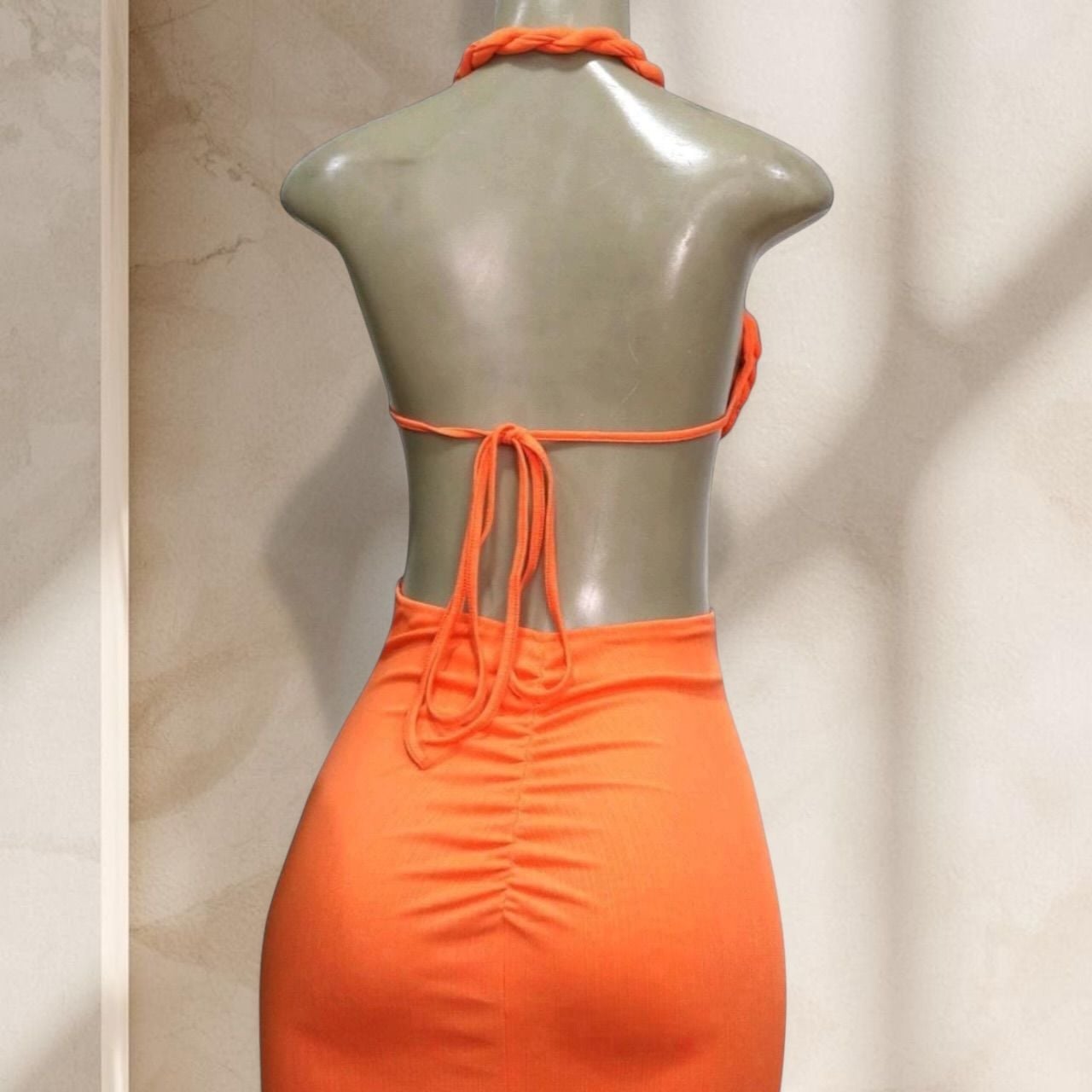 Orange Cutout Maxi Dress – Halter Neck Braided Detail Bodycon w/ High Slit Sexy ✧ S 5