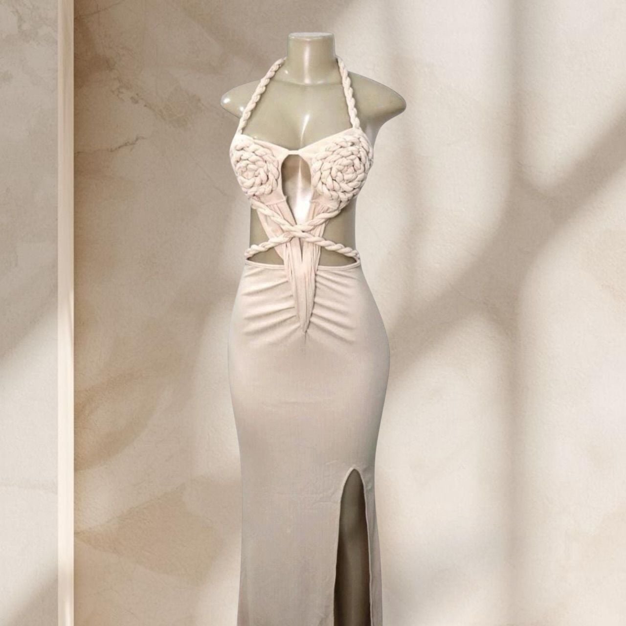 Beige Cutout Maxi Dress – Halter Neck Braided Detail Bodycon w/ Sexy Chic ✧ S 2