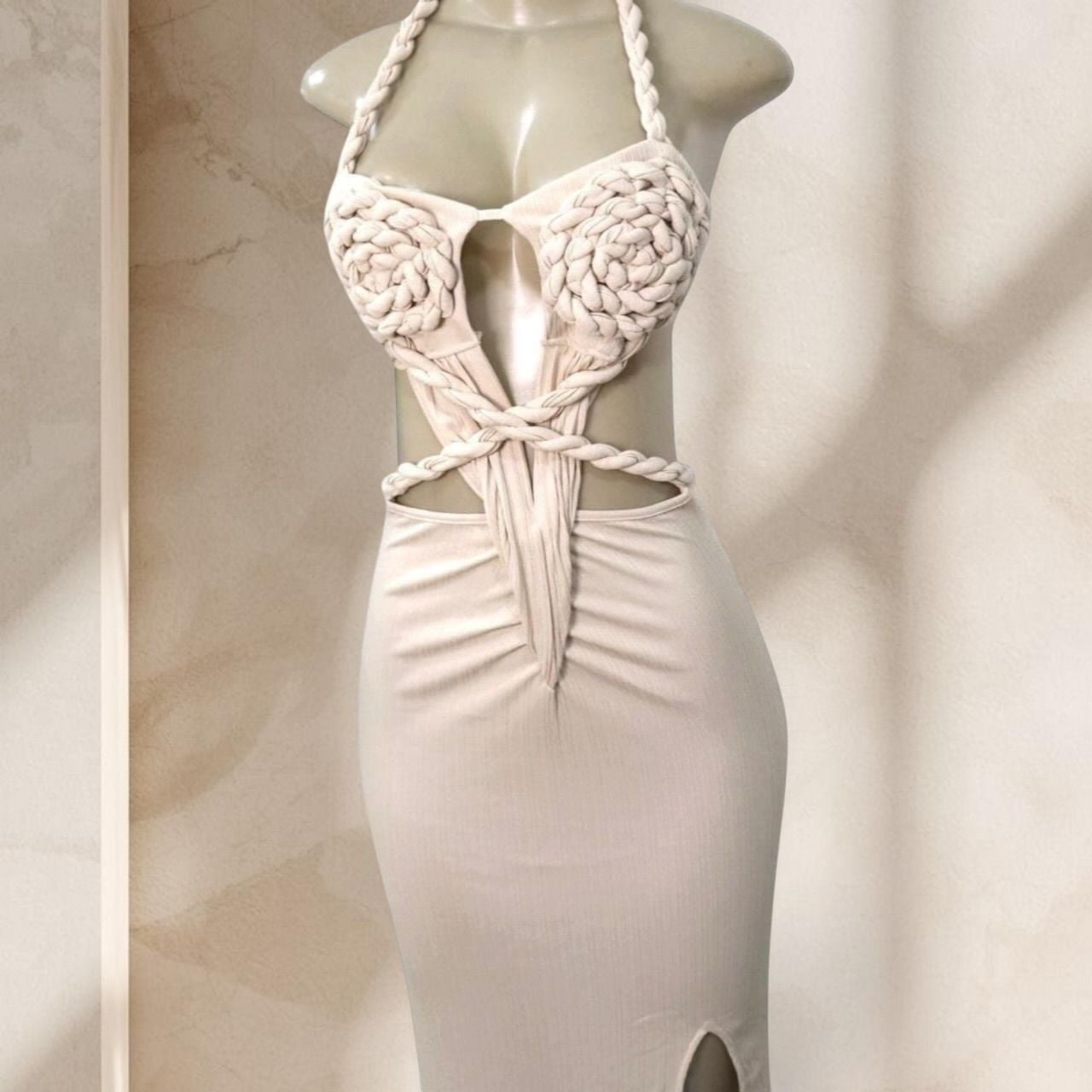 Beige Cutout Maxi Dress – Halter Neck Braided Detail Bodycon w/ Sexy Chic ✧ S 3