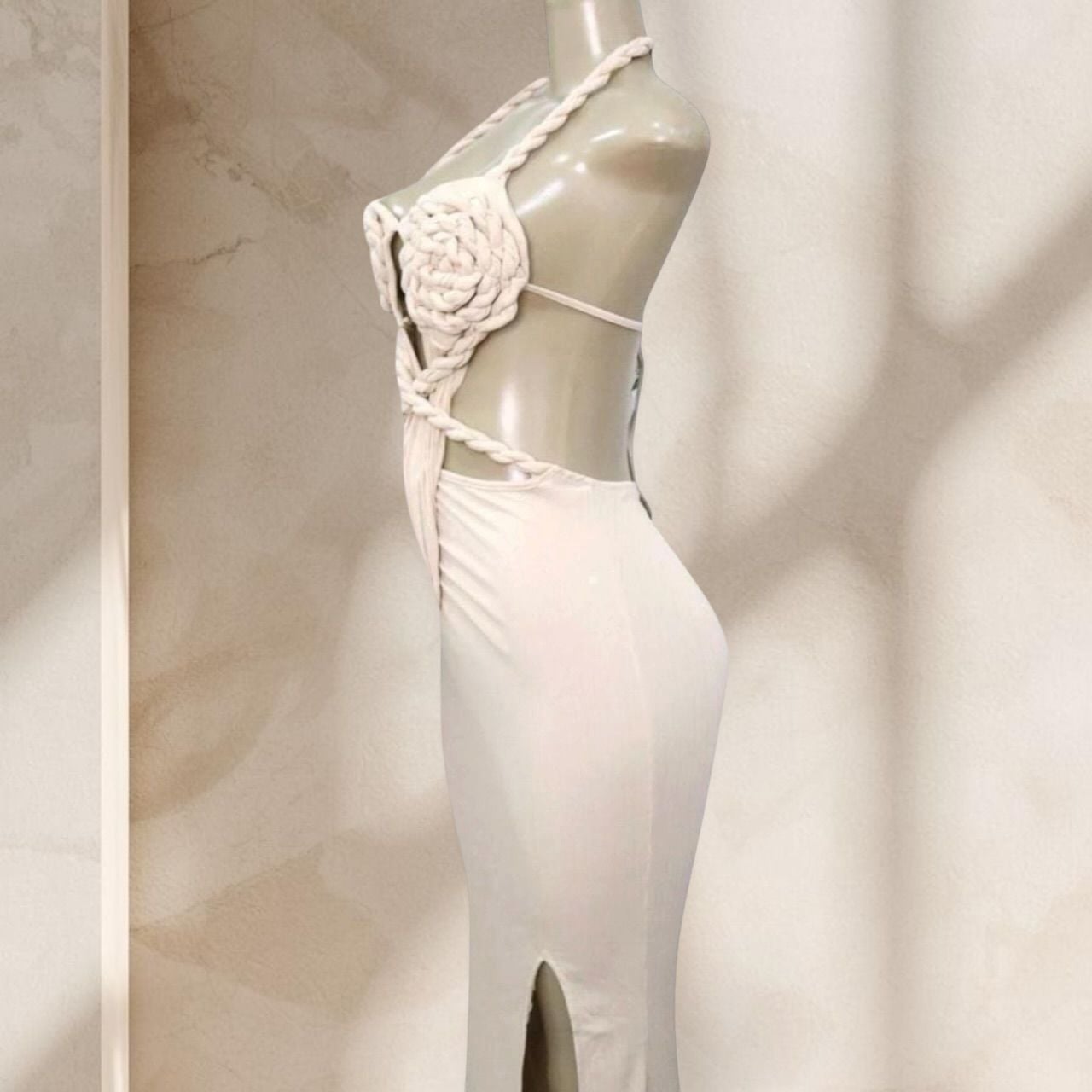 Beige Cutout Maxi Dress – Halter Neck Braided Detail Bodycon w/ Sexy Chic ✧ S 4