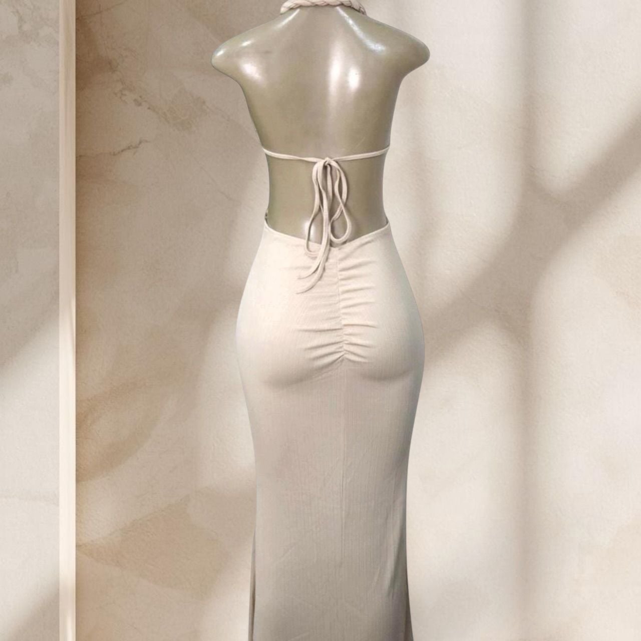 Beige Cutout Maxi Dress – Halter Neck Braided Detail Bodycon w/ Sexy Chic ✧ S 6
