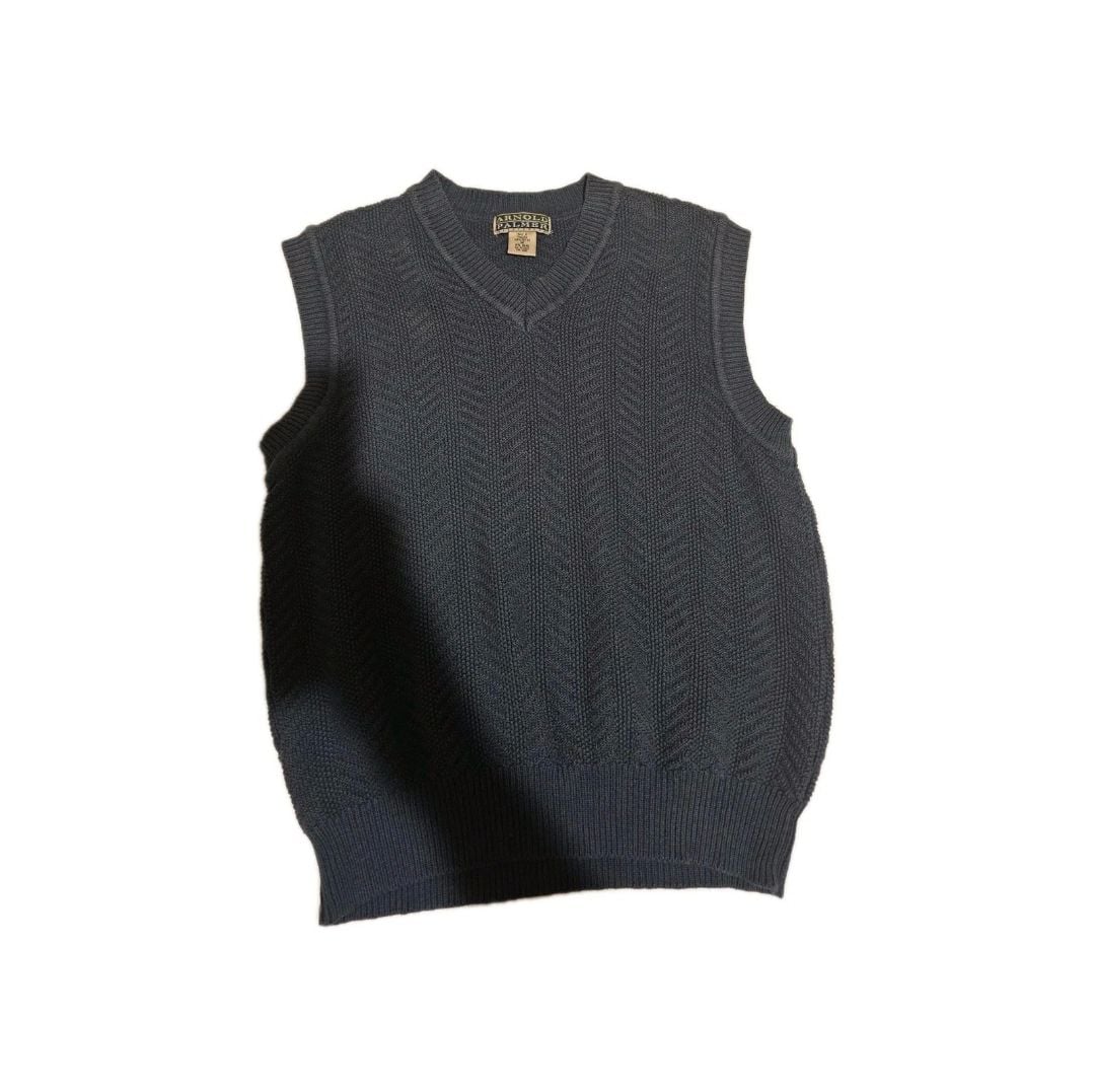 Vintage Arnold Palmer Blue 100% Cotton Herringbone Knit Sweater Vest 2