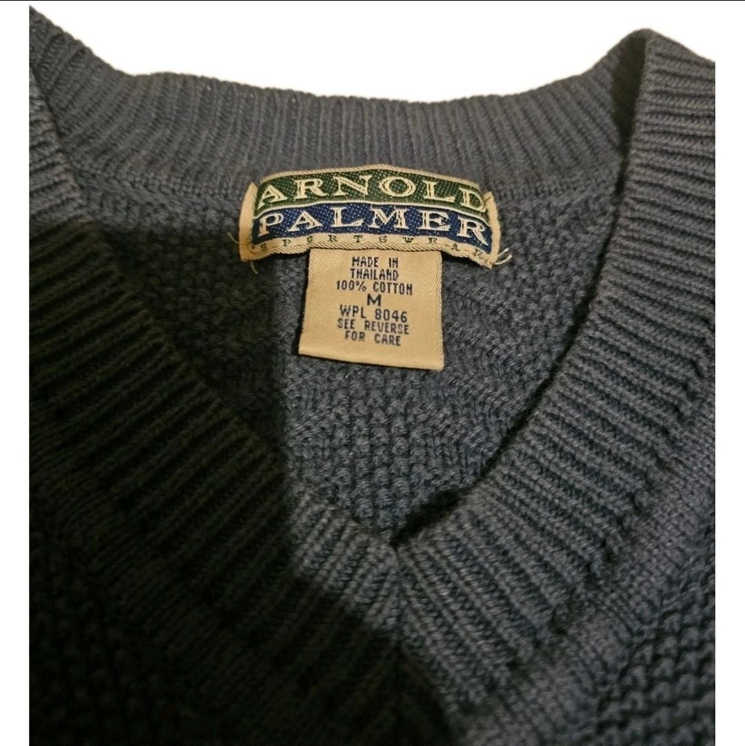 Vintage Arnold Palmer Blue 100% Cotton Herringbone Knit Sweater Vest 3