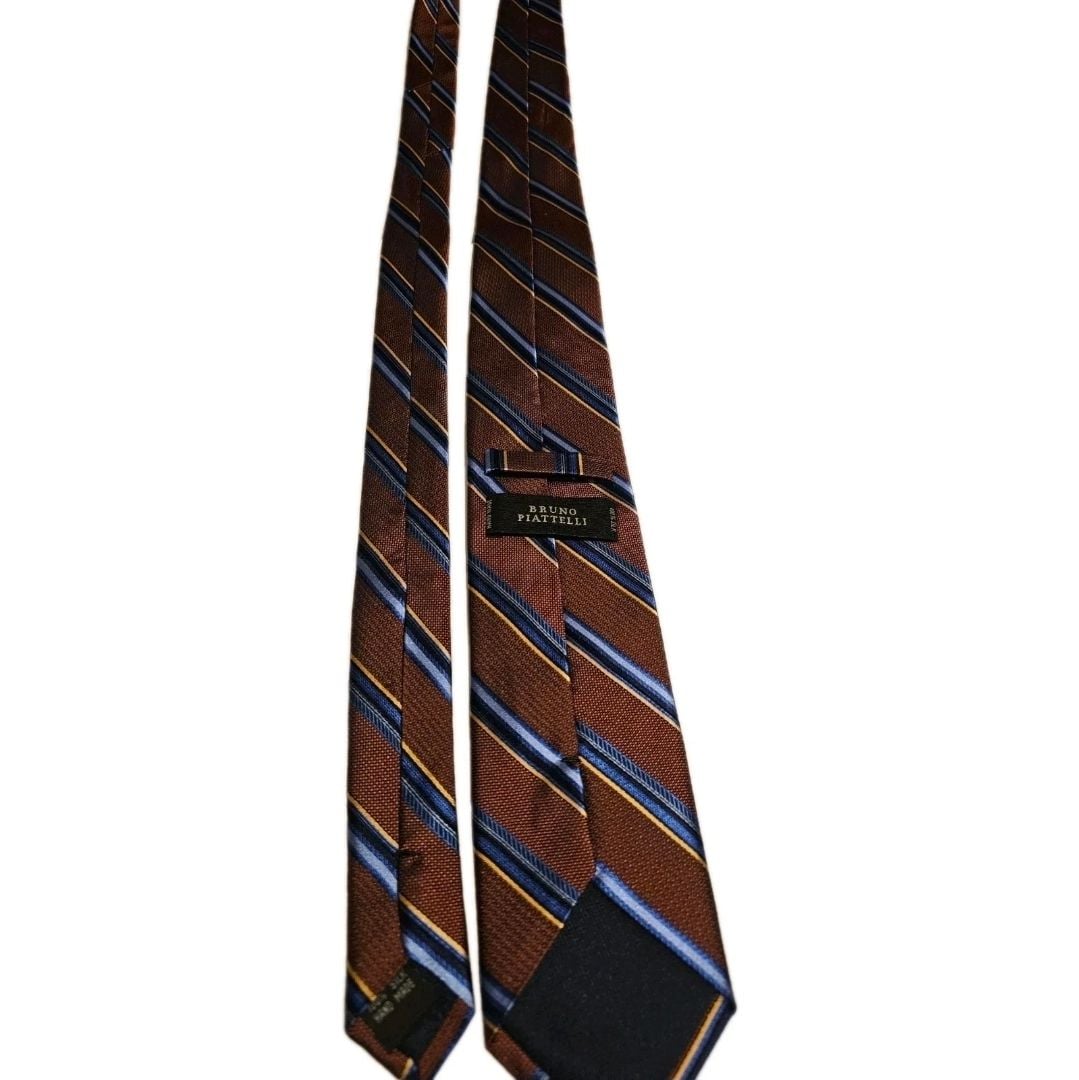 Bruno Piattelli Men's 100% Silk Handmade Striped Necktie Brown/Blue/Yellow 2