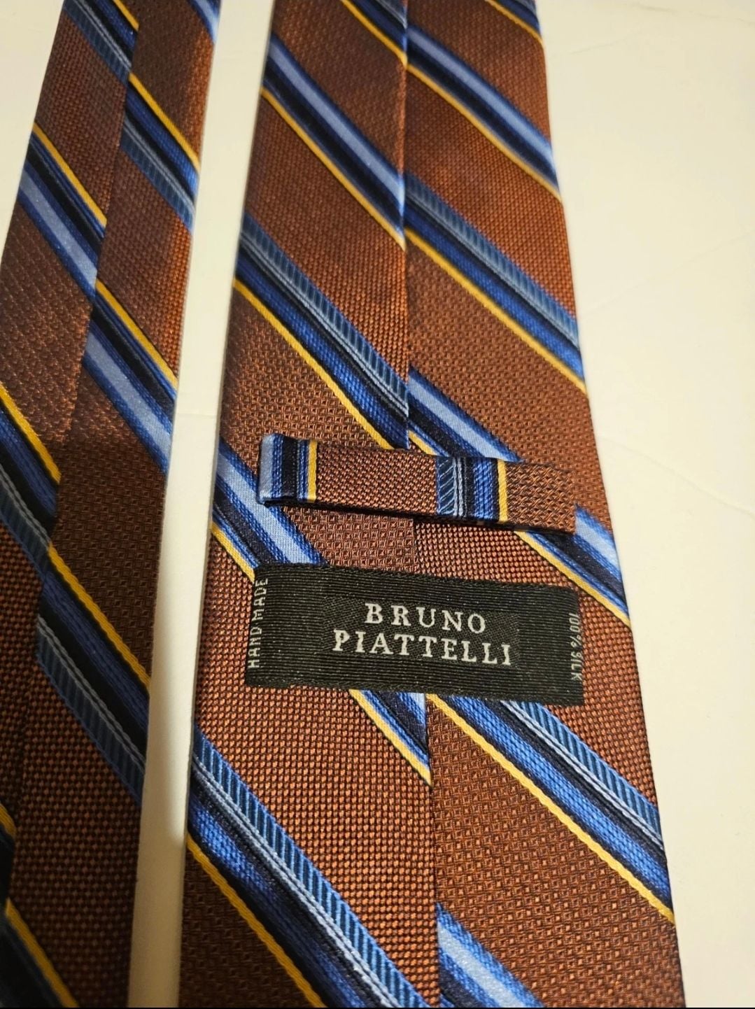 Bruno Piattelli Men's 100% Silk Handmade Striped Necktie Brown/Blue/Yellow 3
