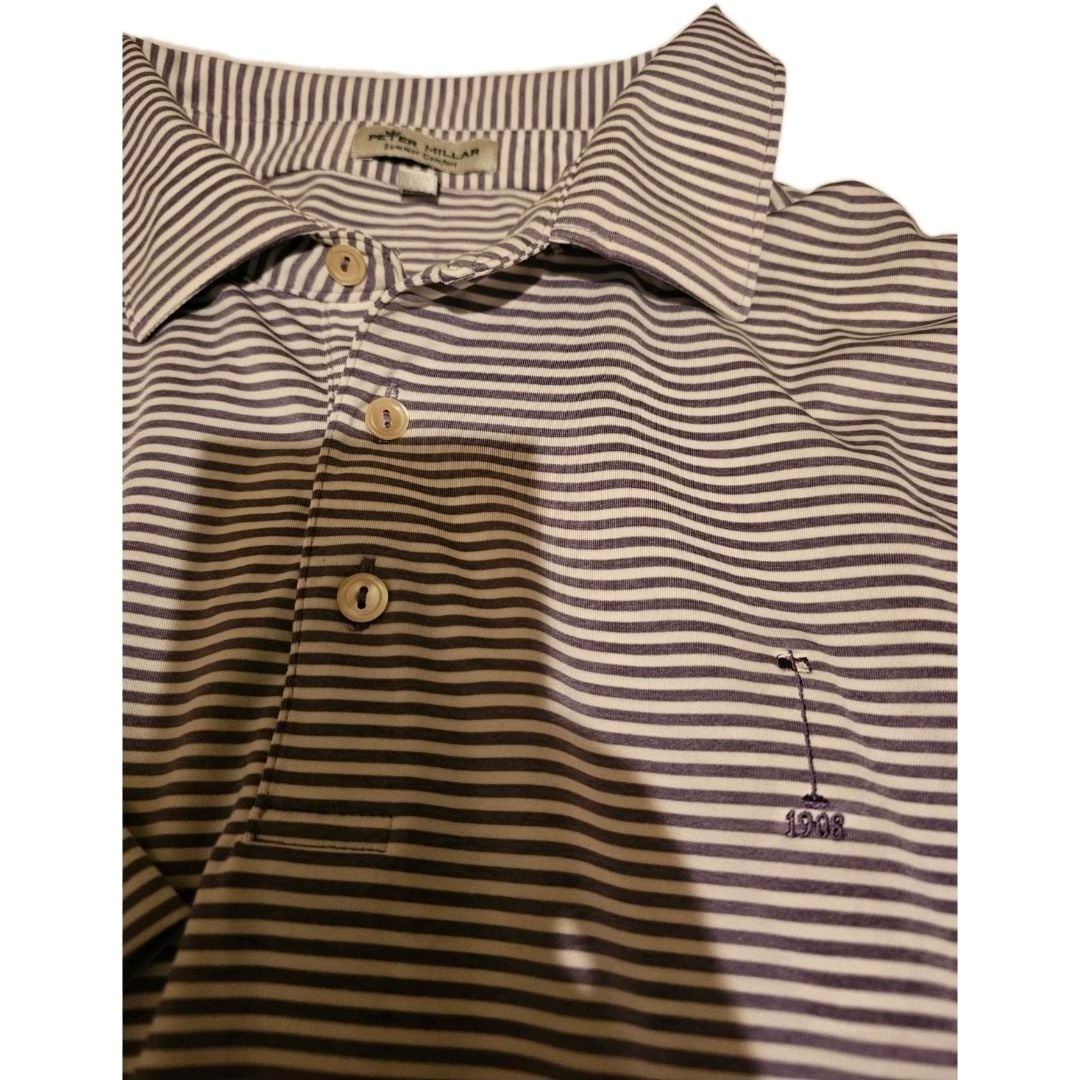 Peter Millar Summer Comfort XL Striped Polo Shirt Purple White Pinehurst 1908 Logo 3