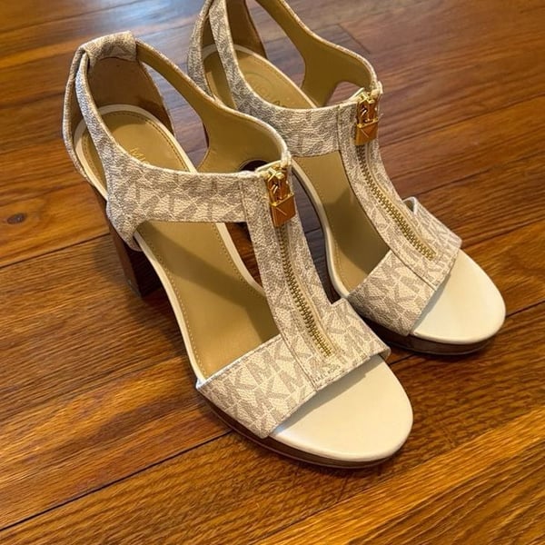 Michael Kors Berkley T-Strap Signature Logo Block Heel Sandals