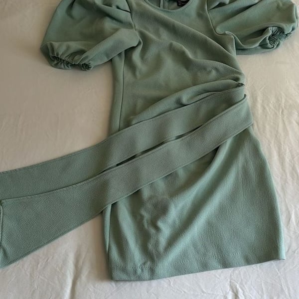 New York & Company Bow-Accent Pleated Puff-Sleeve Sheath Dress in Sage