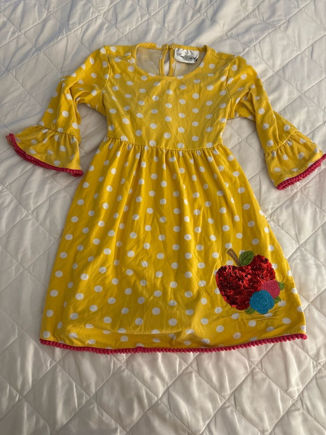 Rare Editions Girls Yellow Polka Dot Bell Sleeve Apple Sequin Dress 4T 2