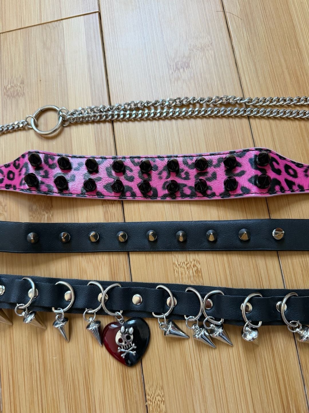 Y2K Grunge Punk Accessory Bundle including Pink Leopard Spike Choker and Studded Choker 1
