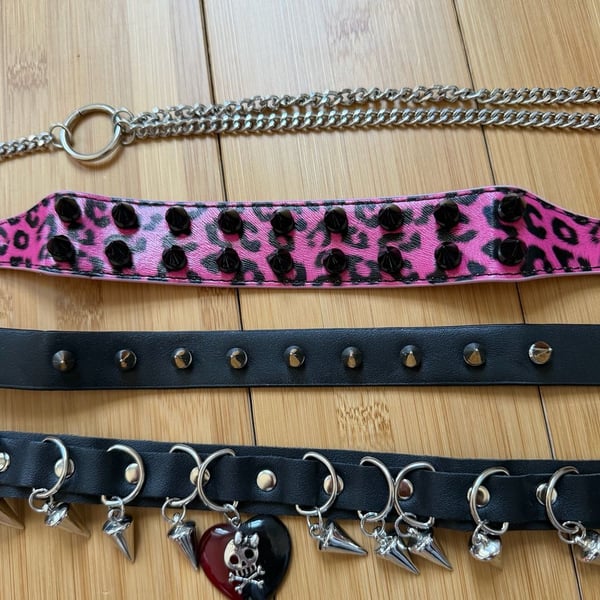Y2K Grunge Punk Accessory Bundle including Pink Leopard Spike Choker and Studded Choker