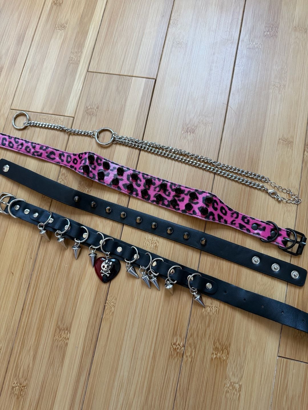 Y2K Grunge Punk Accessory Bundle including Pink Leopard Spike Choker and Studded Choker 2