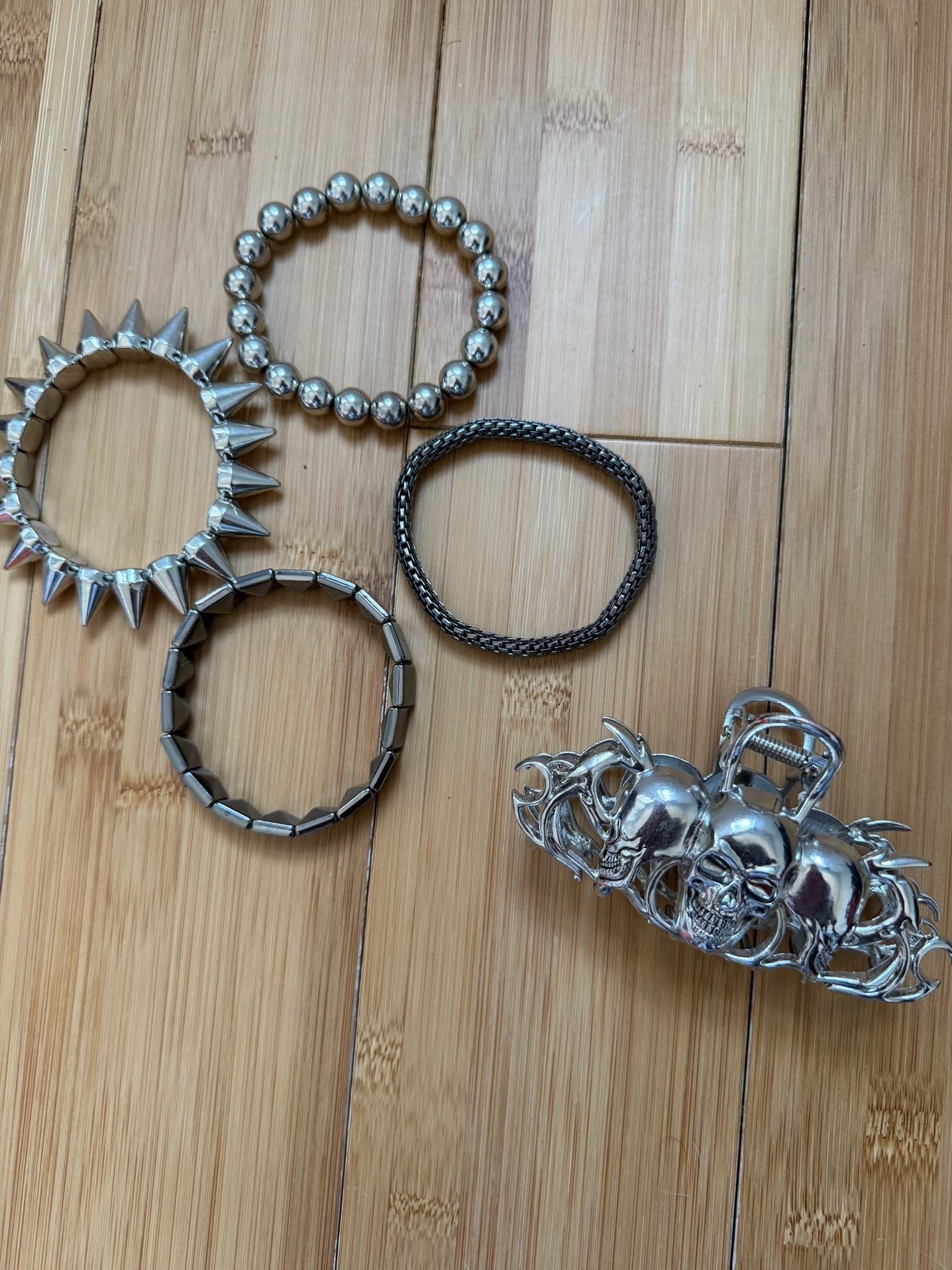Silver Goth Jewelry Set with Skull Claw Clip and Studded Spike Bracelets 1