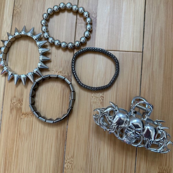 Silver Goth Jewelry Set with Skull Claw Clip and Studded Spike Bracelets
