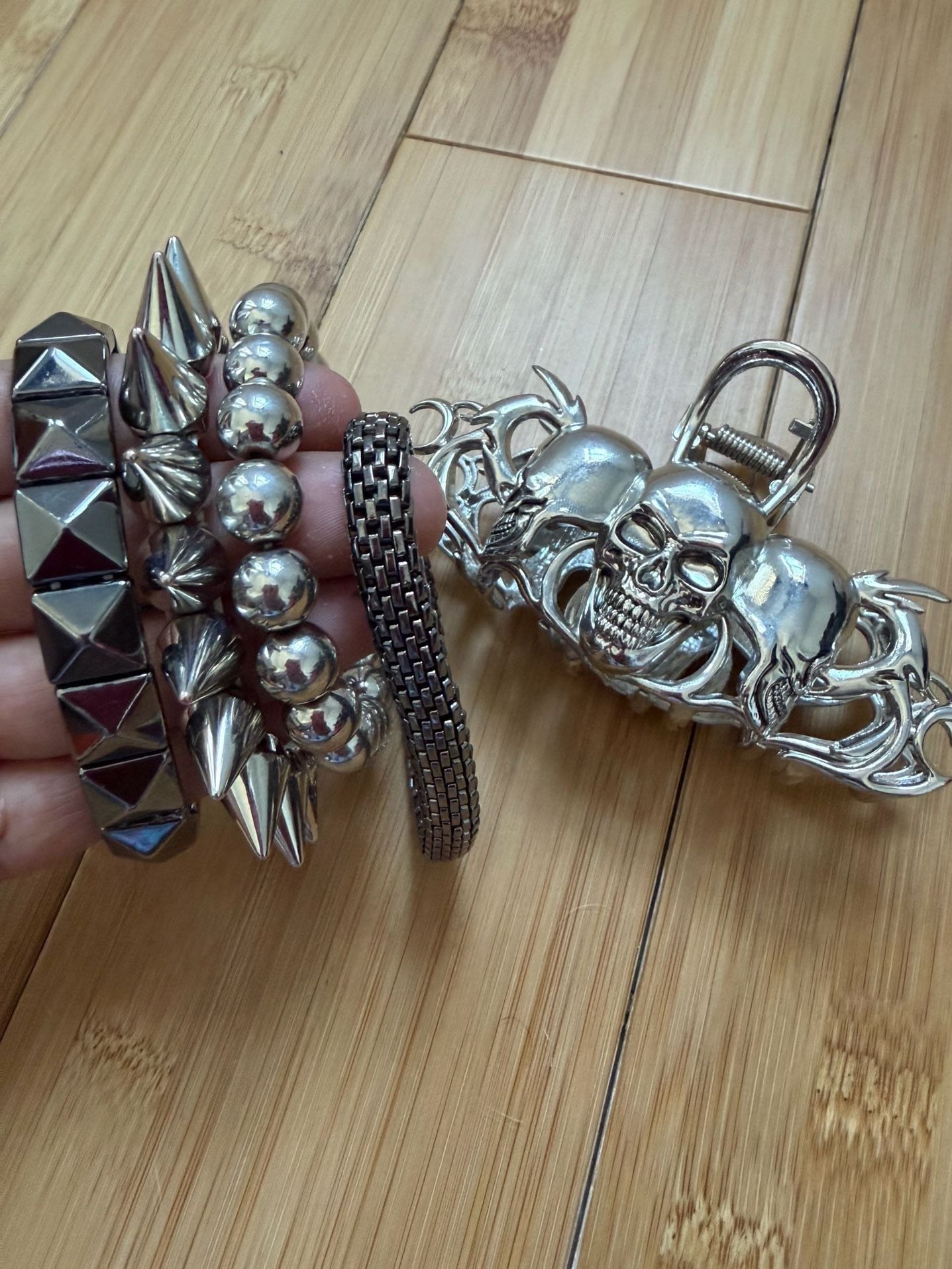 Silver Goth Jewelry Set with Skull Claw Clip and Studded Spike Bracelets 2