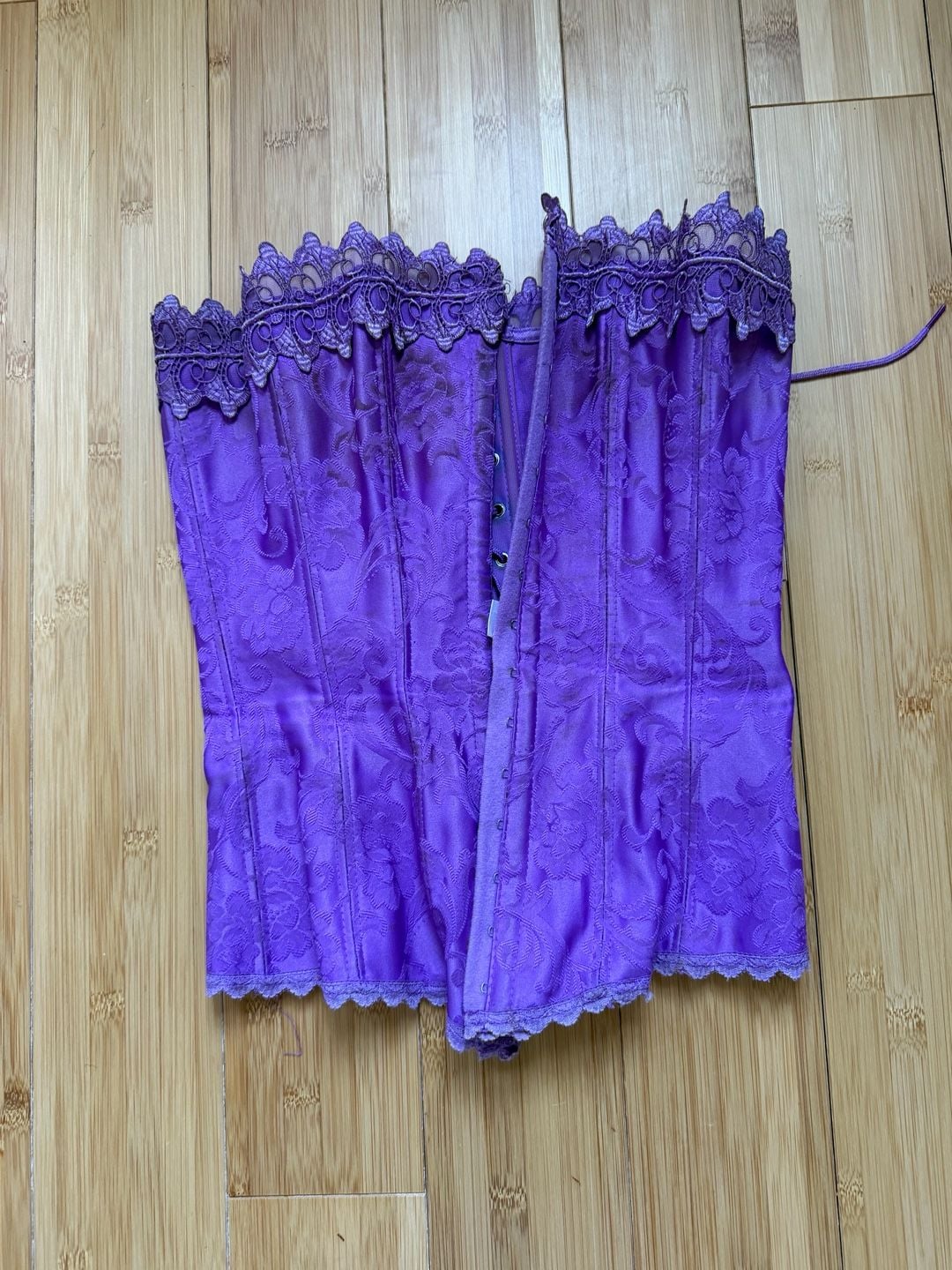 Frederick's of Hollywood Vintage Purple Brocade Floral Lace Trim Corset Bustier 1