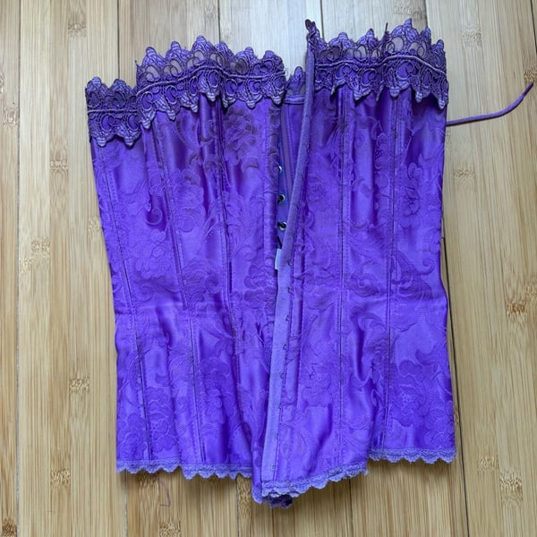 Frederick's of Hollywood Vintage Purple Brocade Floral Lace Trim Corset Bustier
