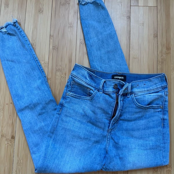Express High Rise Skinny Jeans with Raw Hem and Destructed Detailing