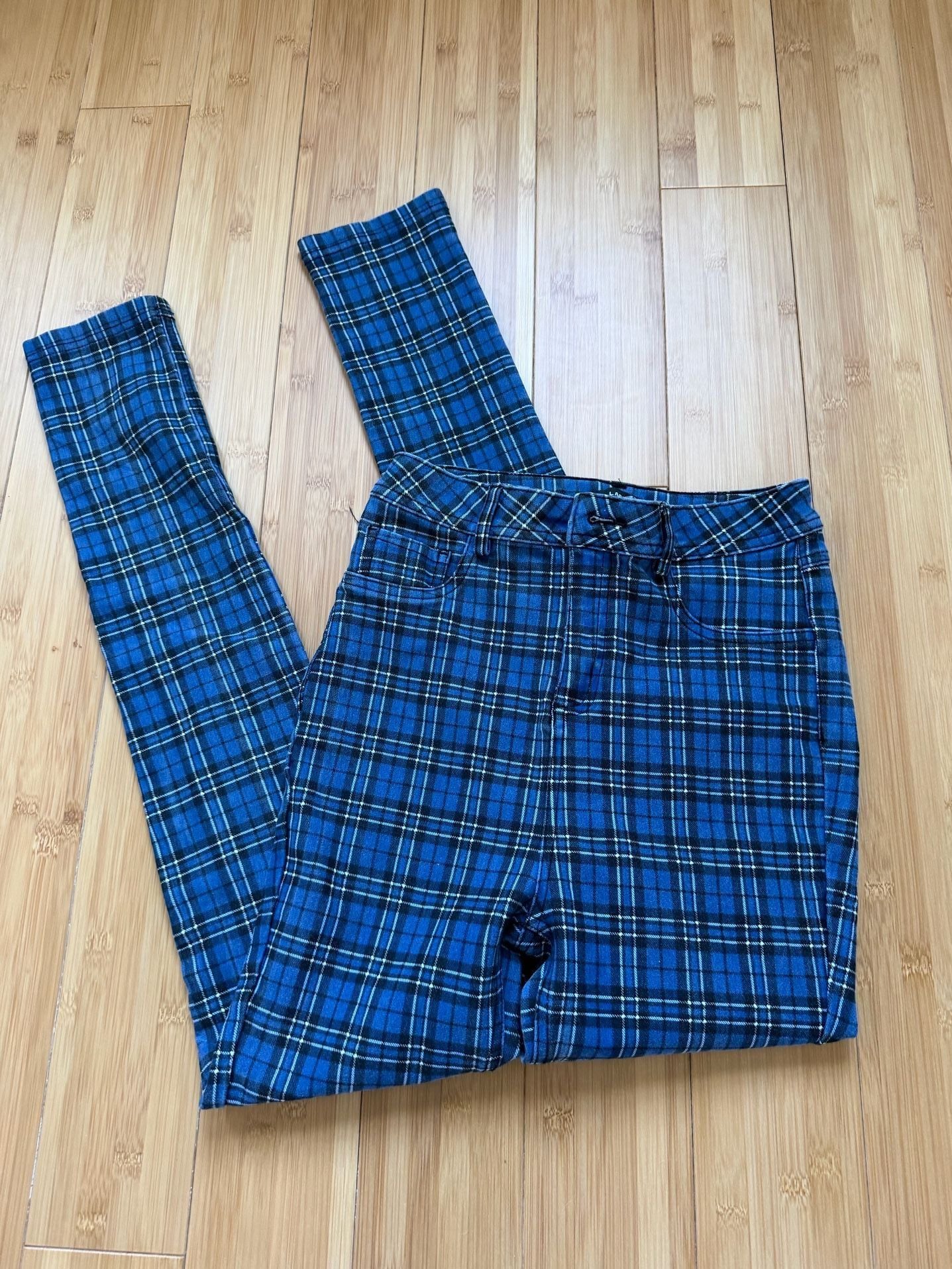 LABIJOU Blue Plaid High Waisted Skinny Leg Pants 2