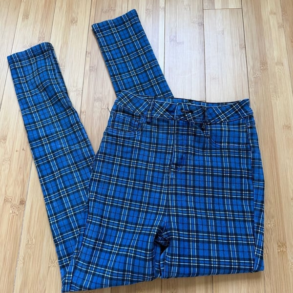 LABIJOU Blue Plaid High Waisted Skinny Leg Pants