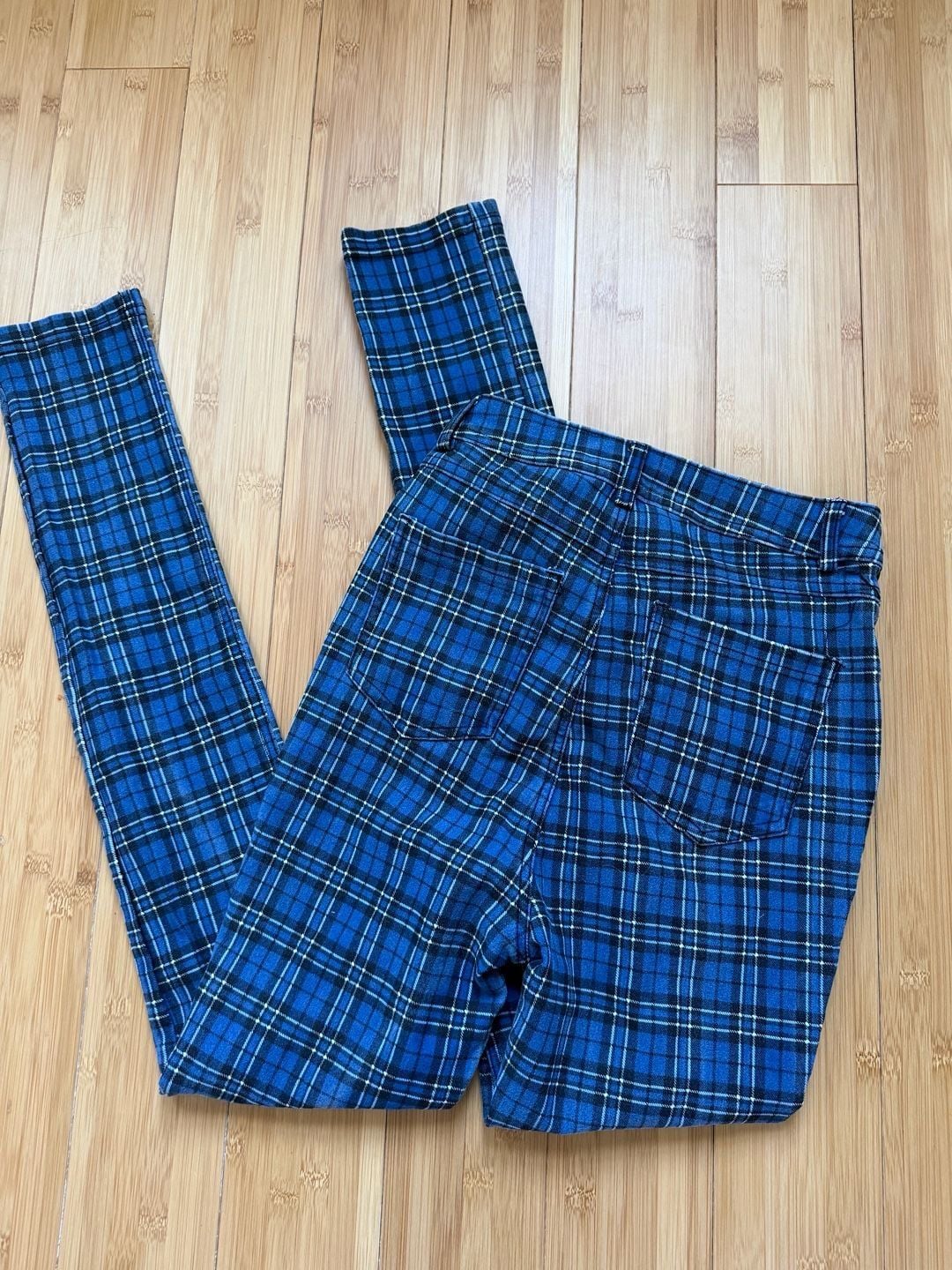 LABIJOU Blue Plaid High Waisted Skinny Leg Pants 3