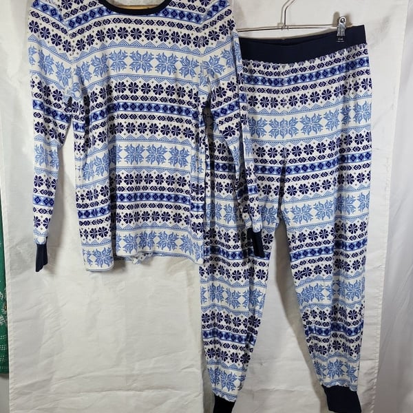 J.Crew Blue Snowflake Fair Isle 100% Cotton Long-Sleeve Pajama Set Size L