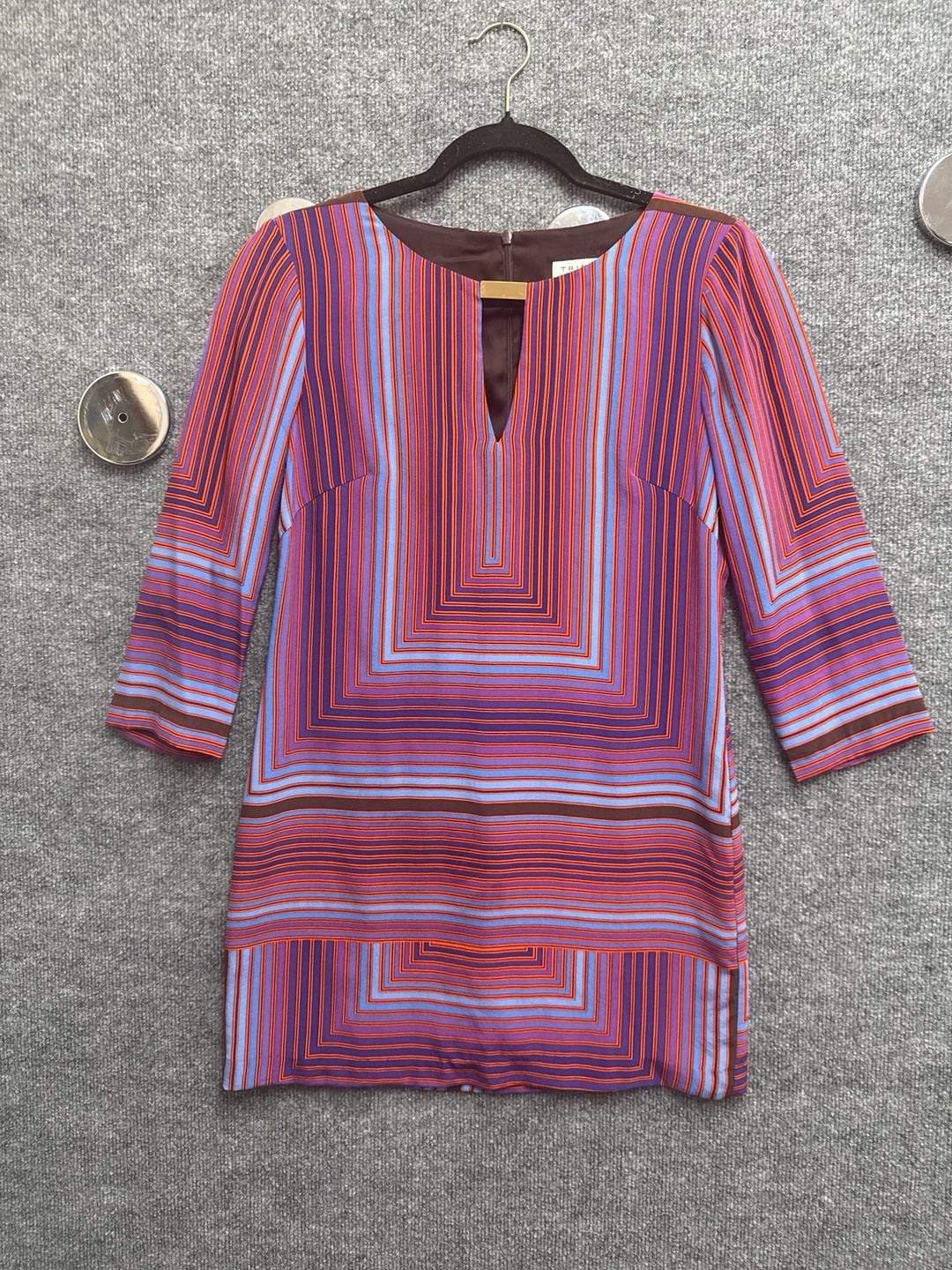 Trina Turk Silk Multicolored Geometric Linear Print Shift Dress 3/4 Sleeve Size 2 2