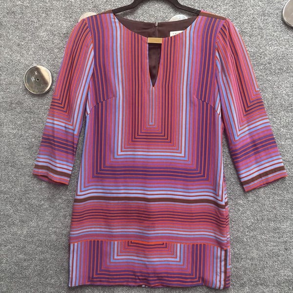 Trina Turk Silk Multicolored Geometric Linear Print Shift Dress 3/4 Sleeve Size 2