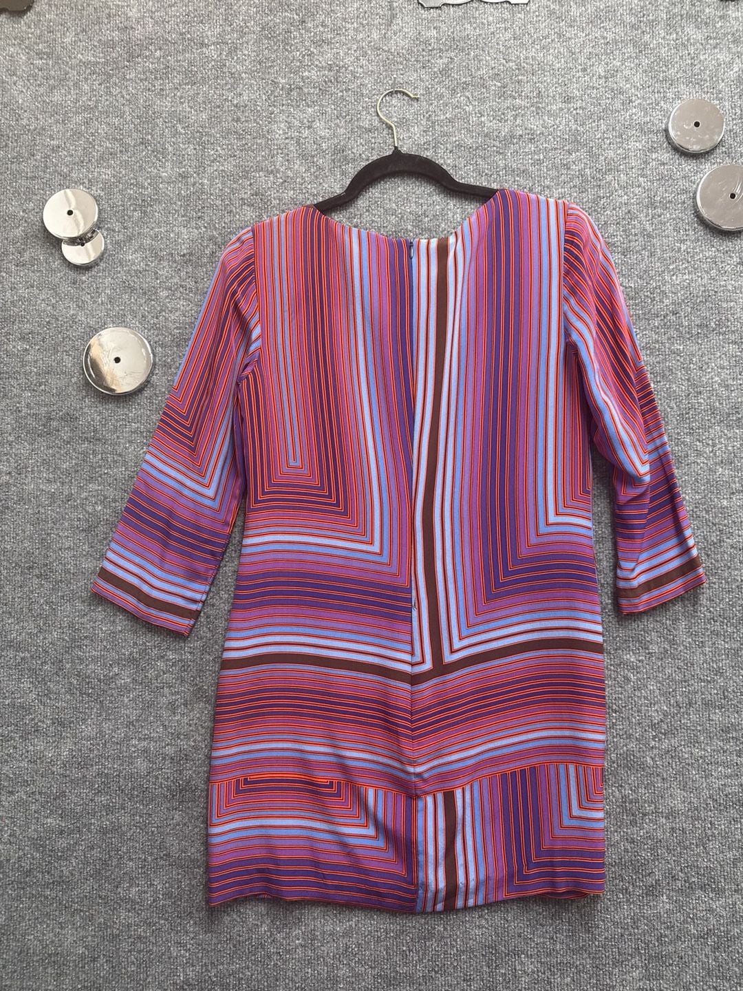 Trina Turk Silk Multicolored Geometric Linear Print Shift Dress 3/4 Sleeve Size 2 4