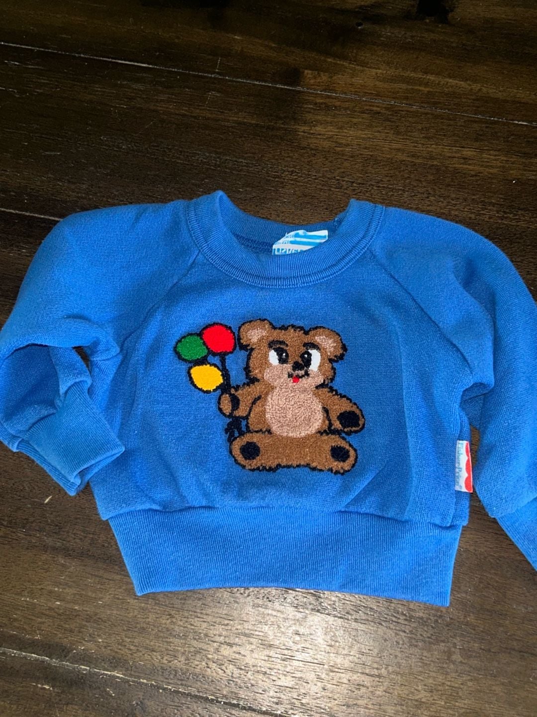 Vintage 1980s Fisher-Price Teddy Bear with Balloons Blue Baby Sweatshirt 12 Months 2