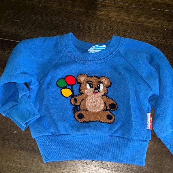 Vintage 1980s Fisher-Price Teddy Bear with Balloons Blue Baby Sweatshirt 12 Months